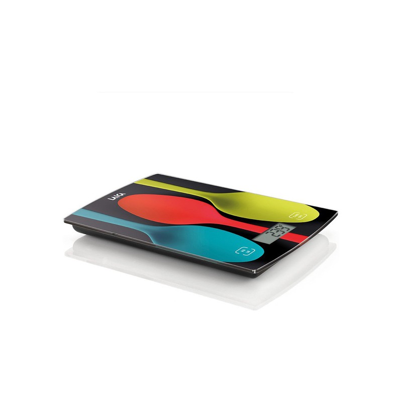 balanza electrónica negra con diseño de cucharas de colores 5kg