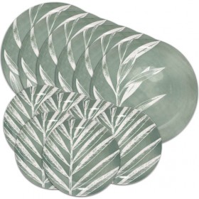 vajilla de 12 piezas de porcelana color verde con decoración de hojas 6 platos llanos d26cm 6 platos de postre d19cm